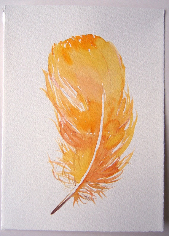 Yellow Feather painting/ Watercolor feather illustration/