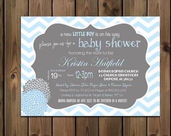 Baby Boy Shower Invitation, Chevron Invitation Blue and Grey, Digital File, PRINTABLE _1185