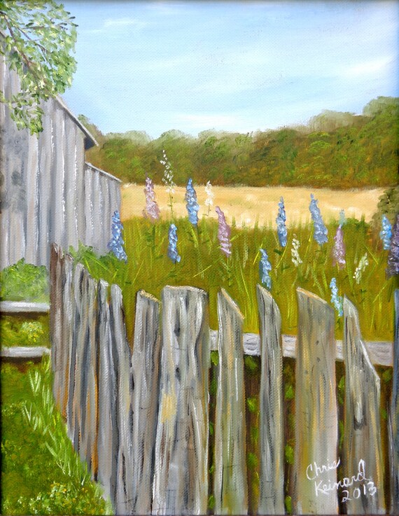 Field Fence and Flowers: Original Landscape Oil Painting