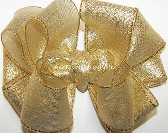 Glitzy Gold Hair Bow Lame Metallic Glitter Girls Toddler Children Accessories Clip Glitter Wedding Party Glitz Pageant 1st Birthday Occasion