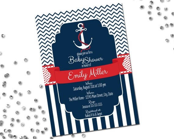 Nautical Baby Shower Invitation - Ahoy Its A Boy - Navy Fill and Red - Chevron Stripes and Stripes - Printable Il_570xn