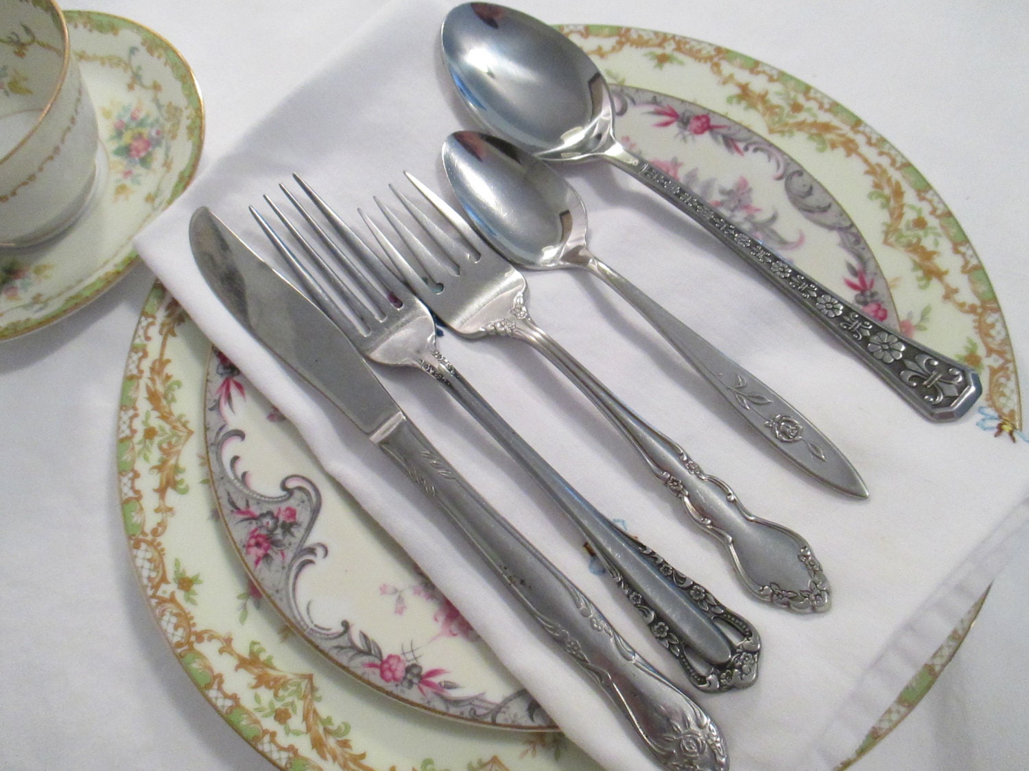 Vintage Mismatched Stainless Flatware 5 Piece Set for