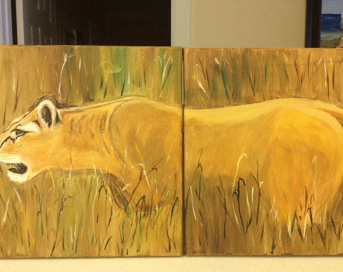 Lioness on the Prowl - Two 11" x 14" canvases - acrylic paints - finished on all sides