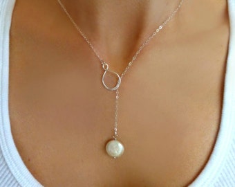 Pearl Lariat Necklace, Freshwater Pearl Necklace, Pearl Y Necklace, Pearl Bridesmaid Necklace, Silver, Gold, Rose Gold Pearl Jewelry Gift