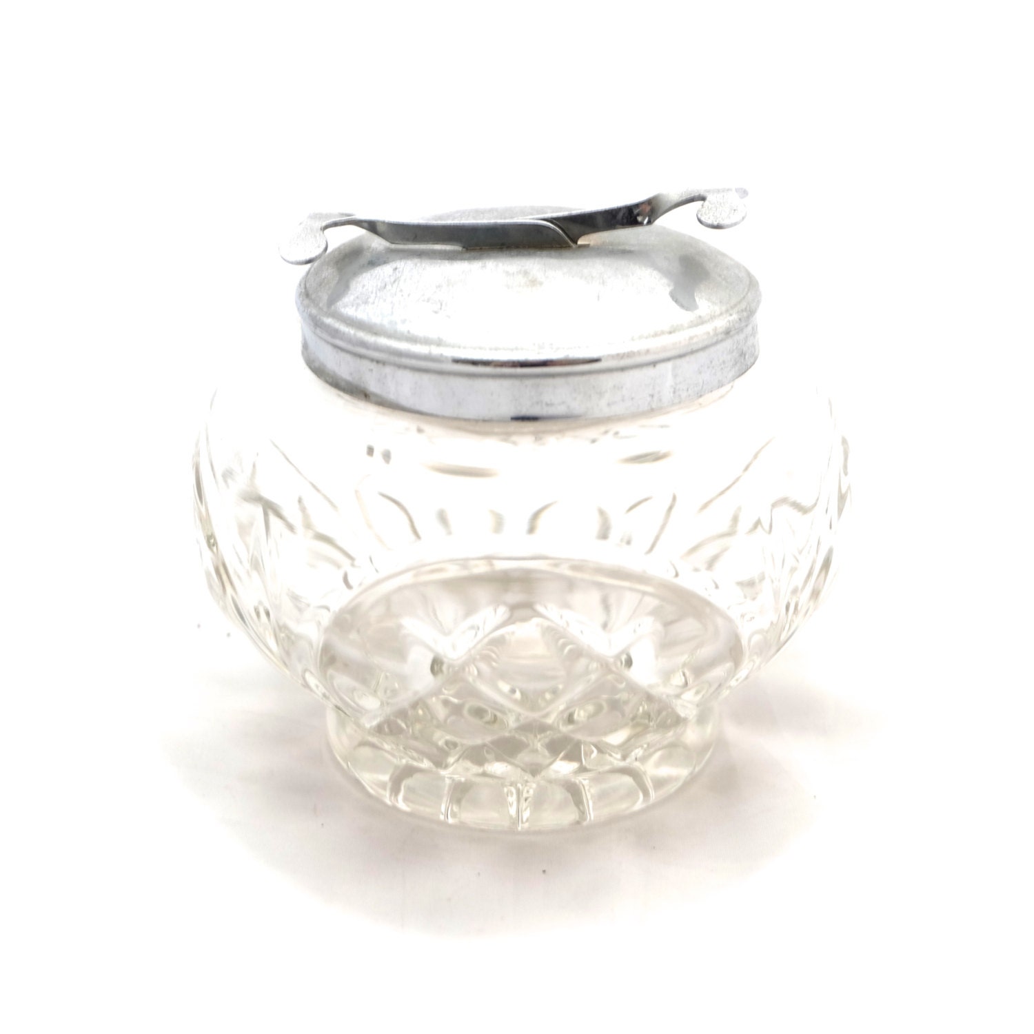 Glass Sugar Bowl, Art Deco Cut Glass Sugar Bowl with Lid, Chrome Sugar