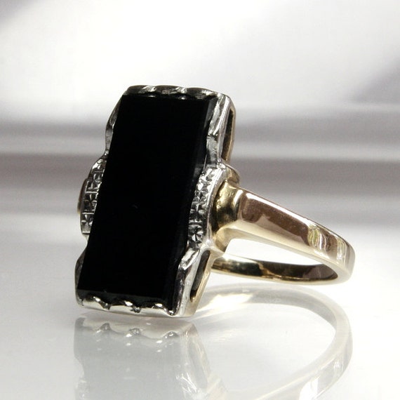 Art Deco Black Onyx Ring 10K Yellow Gold And White Gold Size 7