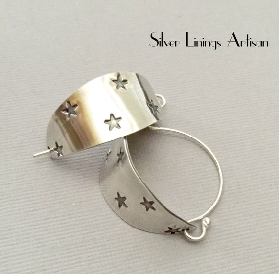 Sterling Silver Basket Hoop Earrings Stars Hand