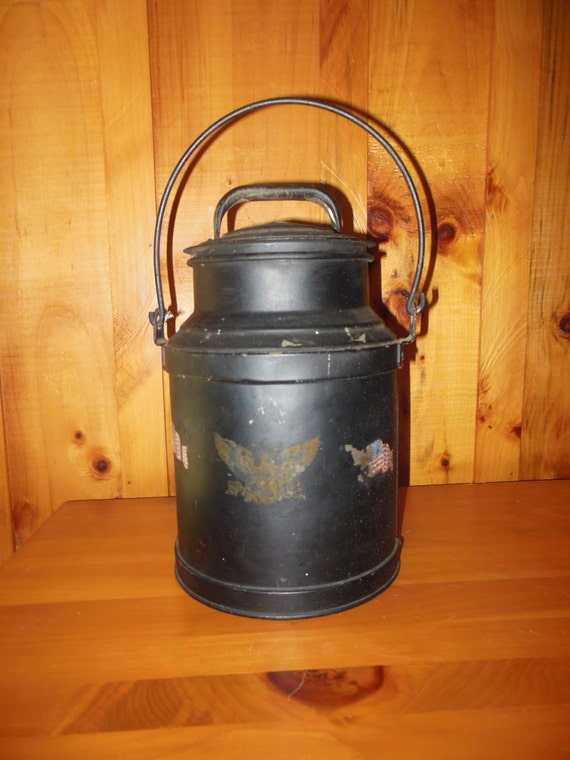 Antique Metal Milk 4 Quart Cream Can Bail Handle/ Lid Black