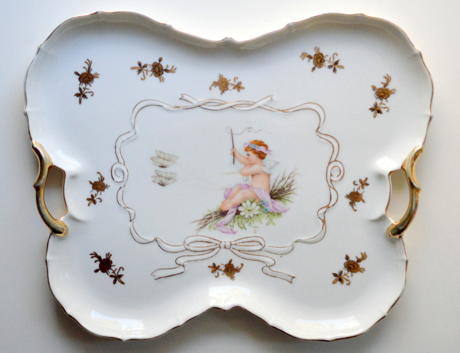 Limoges Porcelain Dresser Vanity Tray Butterfly Cupid