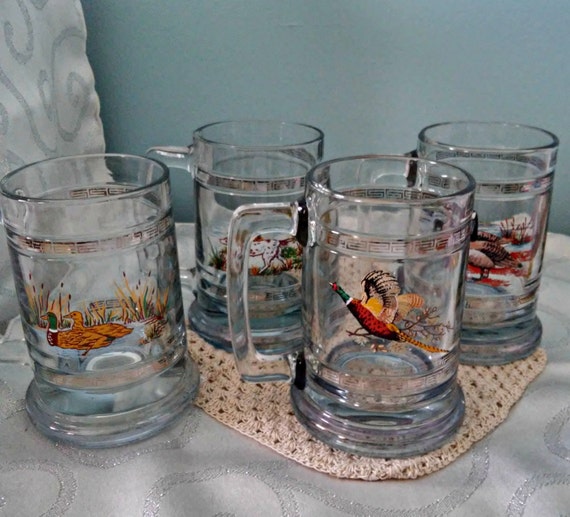 4 Glass Beer Mugs Waterfowl / Hunting Scenes / Ducks Mallards