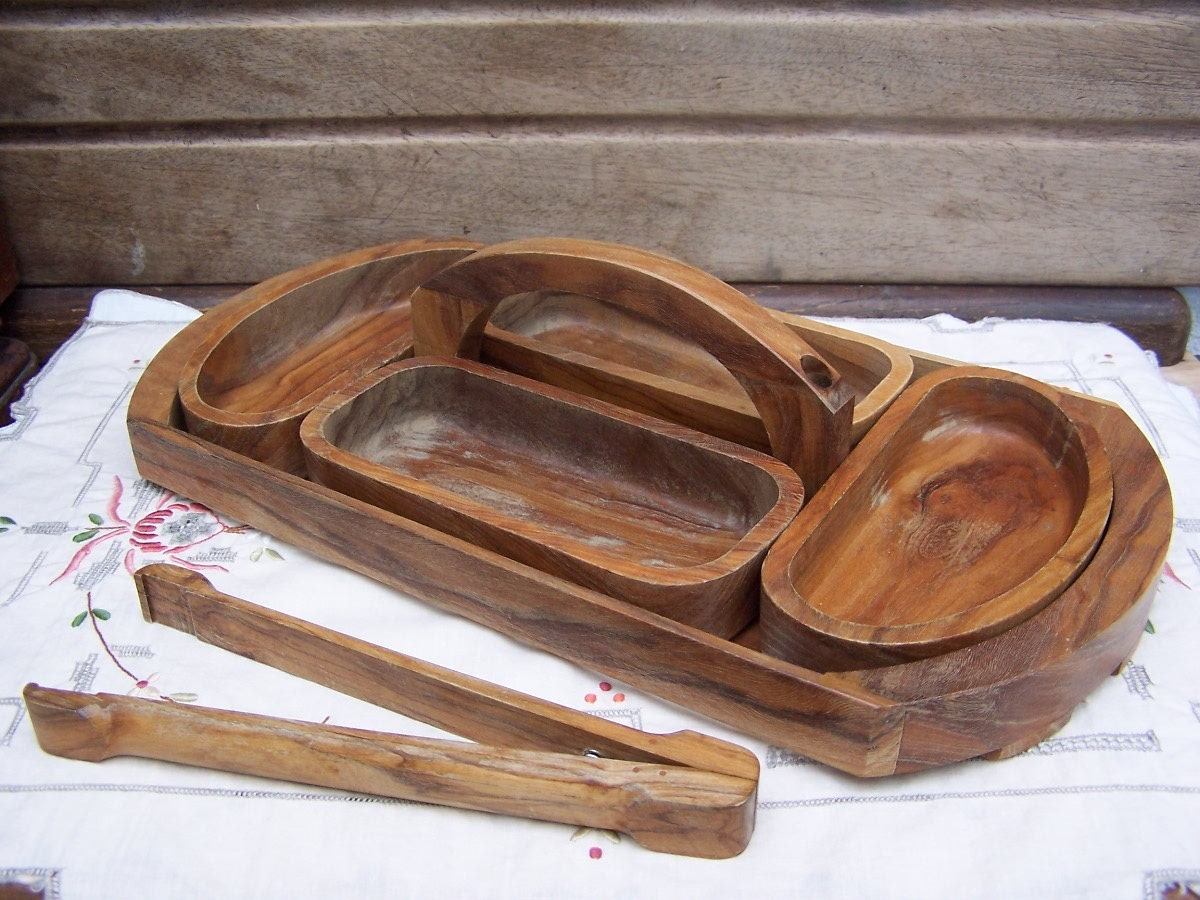 vintage olive wood serving tray, with handle, four dishes and tongs