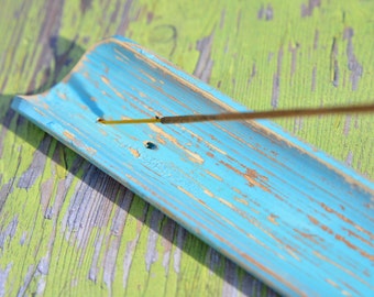 Hand Distressed Aqua Blue Wood Incense Burner