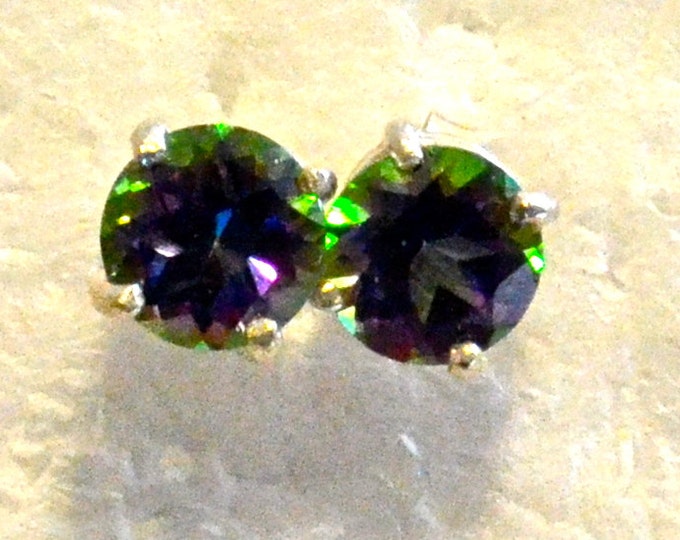 Rainbow Mystic Topaz Studs, 7mm Round, Natural, Set in Sterling Silver E980