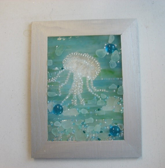 Jellyfish framed suncatcher Seaglass mosaic art Aquas Coastal