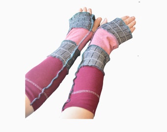Upcycled Arm Warmers Women's Cotton Red and Black Wool Free