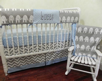 Baby Boy Crib Bedding Set Dex - Elephant Crib Bedding, Boy Baby Bedding, Gray Crib Bedding, Blue Baby Bedding, Bumperless Crib Bedding
