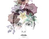 Black and white portrait floral headpiece photomontage digital art print 4 ways sepia or color flowers collage wall art Black and white portrait floral headpiece photomontage digital art print 4 ways sepia or color flowers collage wall art