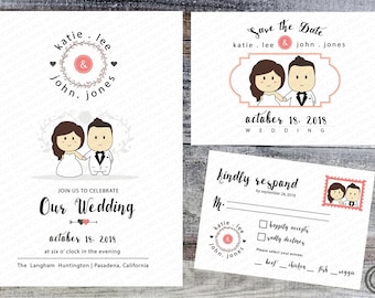 Portrait Wedding Invitation (White) Printable Invites Rustic Cute Fun Anime Cartoon Style Kawaii - Custom Invitation RSVP Save the Dates