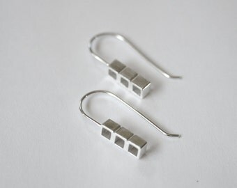 Aubine Dop Earrings, Three Square Earrings, Modern Earrings, Geometric Earrings, Geometric Jewelry, Sterling Silver, Shiny or Matte Finish