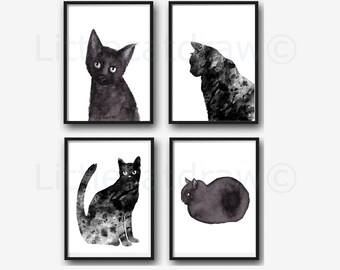 Black Cats Print Set Of 4 Art Prints Minimalist Black and White Prints Black Cat Decor Cat Prints Watercolor Painting Unframed Wall Decor