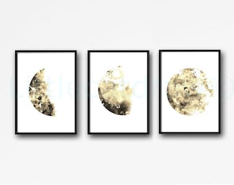 Moon Print Sepia Moon Phase Print Set of 3 Watercolor Prints Luna Minimalist Lunar Phases Moon Art Home Decor Wall Art Prints Unframed