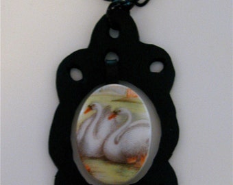 Recycled inner tube 2 Swans cameo necklace, Upcycled rubber 2 swans necklace, Recycled bike tire double swan cameo necklace