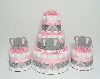 3 Tier Pink & Gray Elephant Diaper Cake Baby Shower Centerpiece