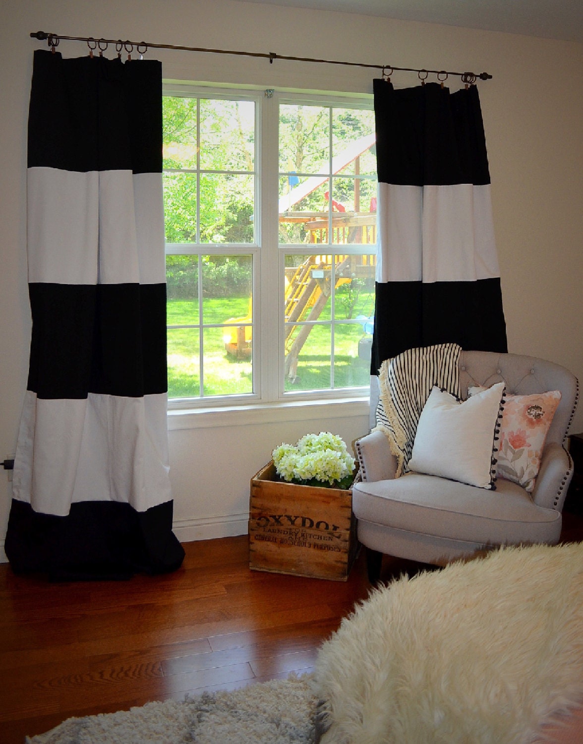 Custom Black White and Gold Striped Curtains Color Blocked
