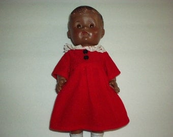 1956 SUN RUBBER Black 10" Squeak DOLL #2 w/molded on Panties/Socks/Shoes in Old Red Dress w/Lace Collar tag inside Hong Kong -Adorable, Rare