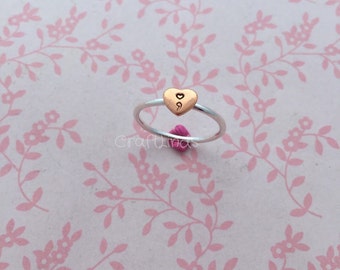 stacked sterling silver ring, with copper heart and heart semicolon, hand stamped, hand made, custom, made to order, made to fit