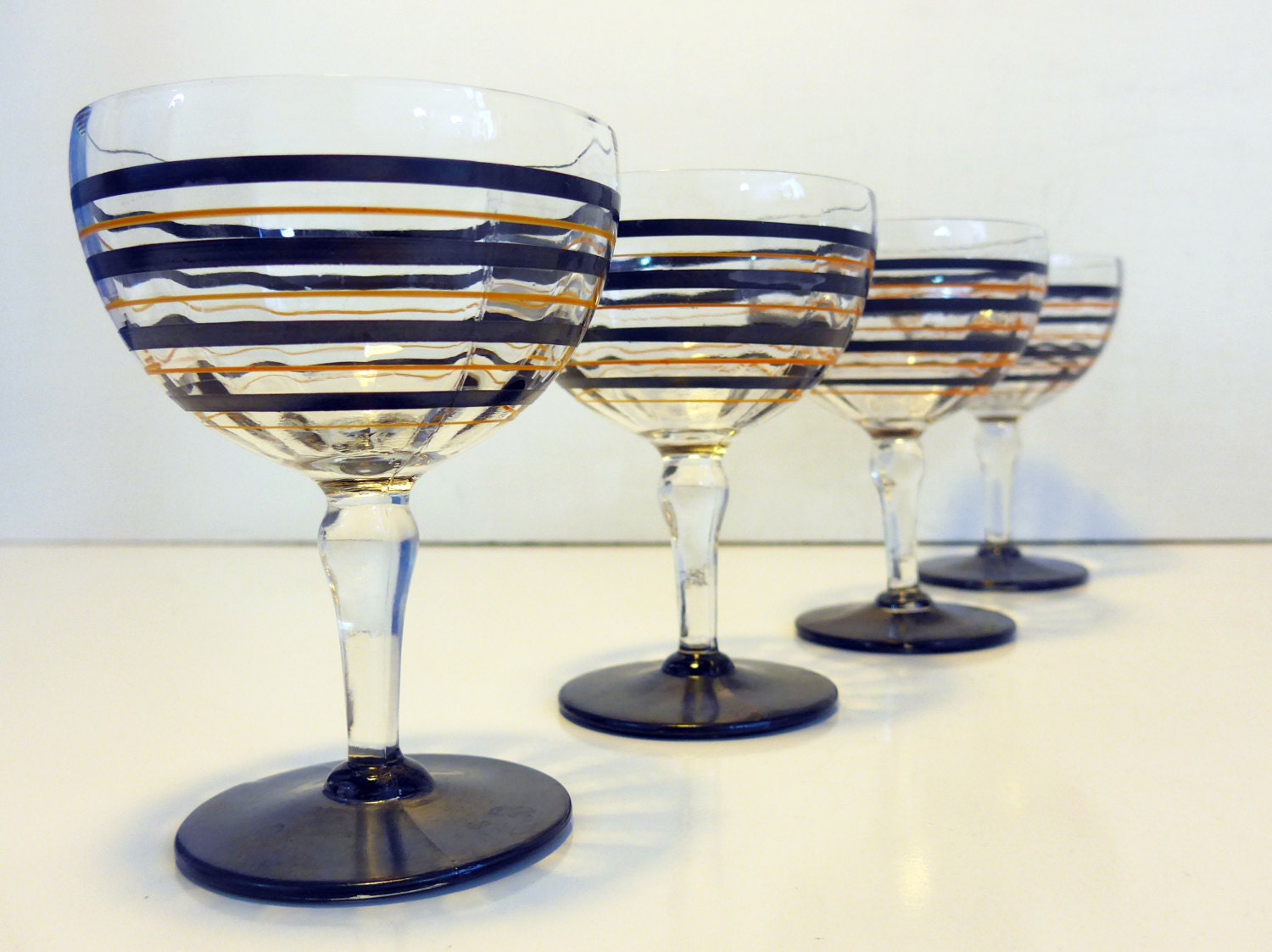 Download Champagne Wine Glasses 4 Vintage Colored Bands Anchor Hocking Black Orange Stripes - Four ...