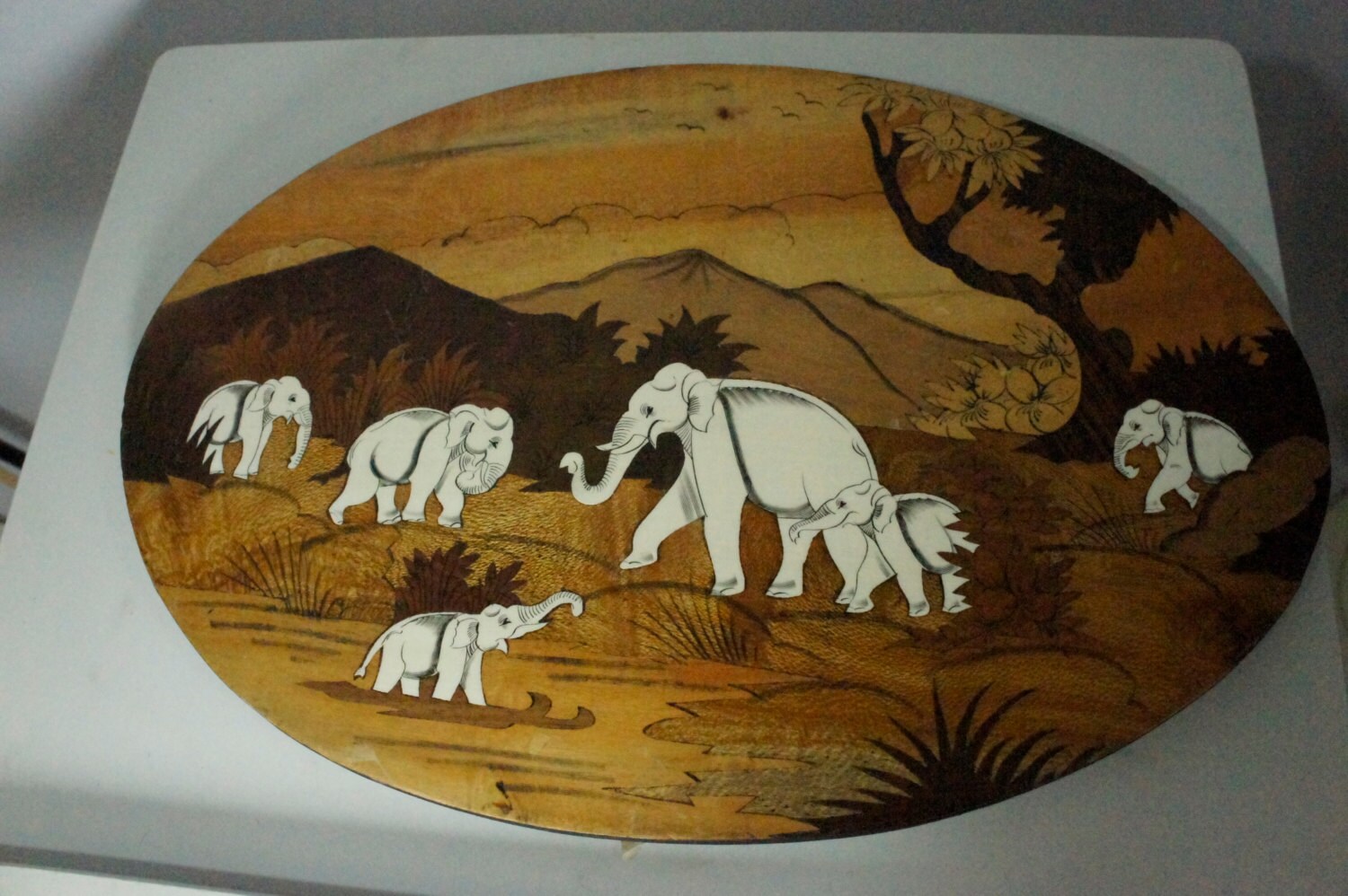 Vintage Marquetry Inlaid Wood and Bone wall Art Elephants