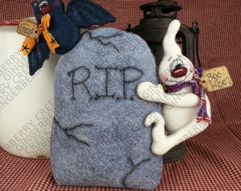 E-Pattern - Boo Who? Tombstone Pattern #122 - Primitive Doll E-Pattern - Halloween - Ghost and Bat Graveyard