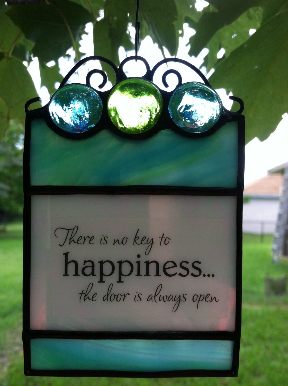 Stained glass suncatcher Happiness quote by HappyArtGlass on Etsy