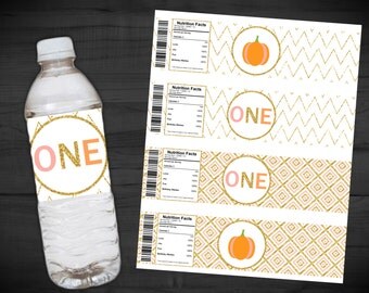 Pumpkin Birthday Water Bottle Labels - Our Little Pumpkin is Turning ONE - Pink - Gold Glitter - First Birthday - Chevron - 2 x 8 Inches
