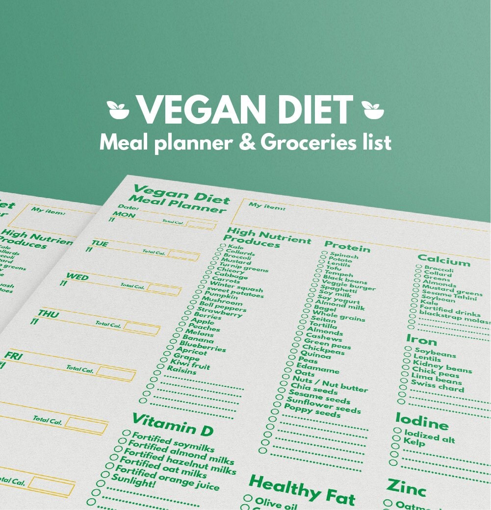 weekly meal planner vegan diet and grocery list printable