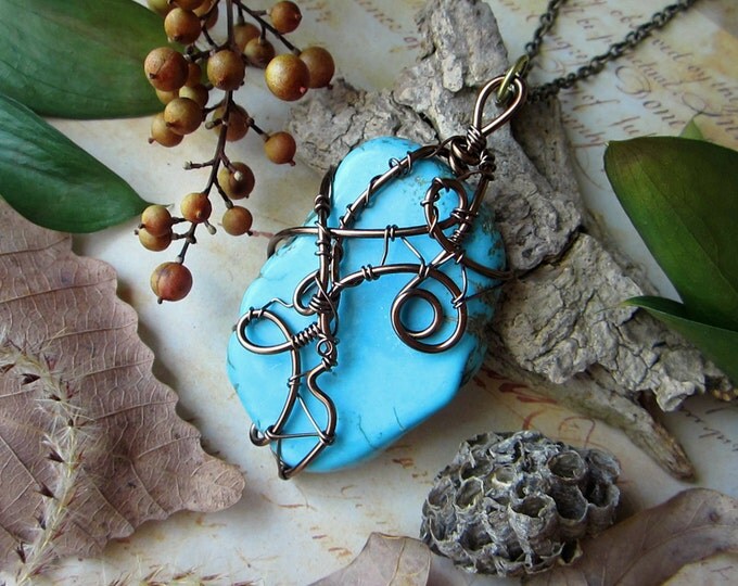 Large boho necklace "Summer Sky" with genuine wire wrapped free form Turquoise. Custom chain length.