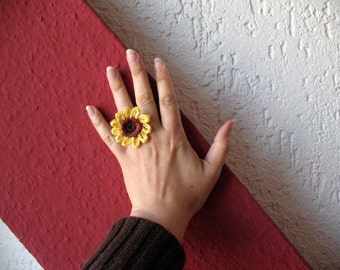 Boho sunflower ring, sunflower crochet ring