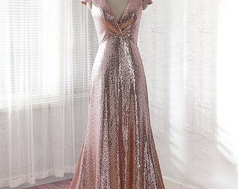 sequins prom dress, long evening dress, formal dress, homecoming dress with Rose Gold