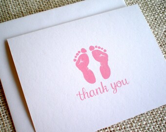 Set of 10 Baby Thank You Cards - Hand Drawn Pink or Purple Baby Girl Footprints Baby Shower Thank You Cards w/ Envelopes - Choice of Color