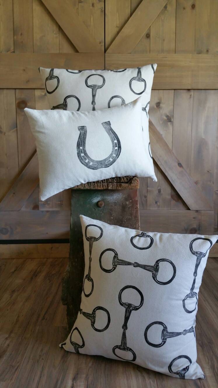 Equestrian Pillow Covers Set of Three handprinted horseshoe
