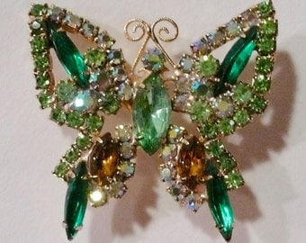 Vintage Green Prong Set Butterfly Rhinestone Brooch