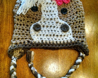 Tan/brown/white Horse Crochet Hat made in NB, baby, infant, toddler and kid sizes