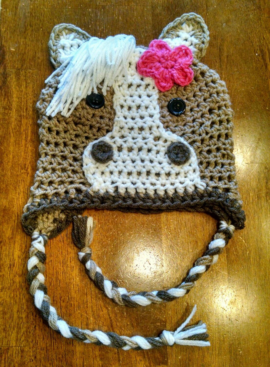 Tan/brown/white Horse Crochet Hat made in NB baby infant