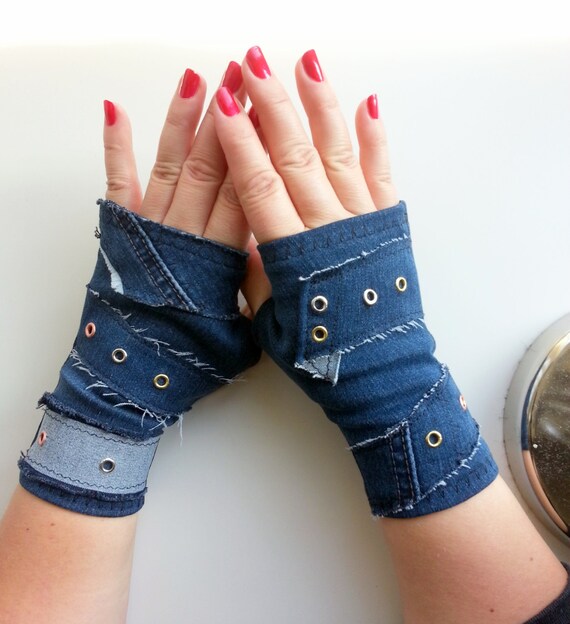 Rocker style blue jeans gloves Fingerless Gloves Fingerless