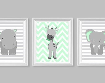 Zoo Nursery Decor, Elephant Nursery Art, Grey and Mint, Baby Nursery Decor, Baby Room Decor, Giraffe, Chevron, Hippo, Jungle Nursery Decor