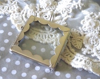 1- Scalloped Square Locket Glass Pane Postage Edge Silver Metal Edge Detail Clear Photo or Art Display Pendant Inv0428