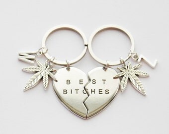 Best Bitches Keychains Set Best Buds Keychains Weed Keychains Large Heart Keychains Best Friend Keychain Bitch Keychain Name Initial Keyring
