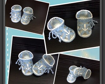 Crochet baby boys summer sandals,Crochet blue and white sandals with nautical decor. Baby Shower Gift. Choose size.
