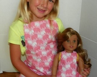 Personalized Elephant Print Aprons for 3-6 year old Girl and 15-18" Doll with YOUR NAME CHOICE